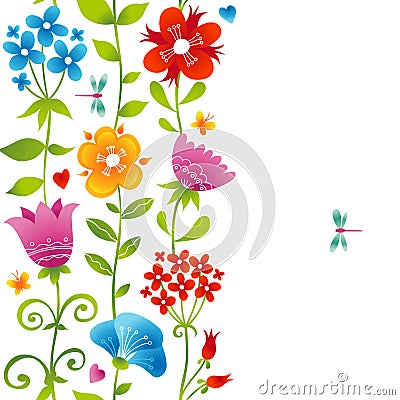 Bright spring seamless border with flowers. Vector Illustration