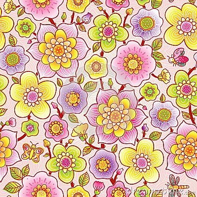 Bright spring seamless pattern with flowers. Vector Illustration