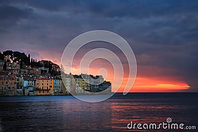 Bright sunset in spectacular romantic old town of Rovinj, Istrian Peninsula, Croatia, Europe Stock Photo