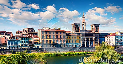 Bright spring view of Basilica of Santa Croce and Arno river. Picturesque morning cityscape of Florence, Tuscany, Italy. Traveling Stock Photo