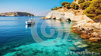 Bright spring view of the Cameo Island. Picturesque morning scene on the Port Sostis, Zakinthos island, Greece, Europe. Beauty of Stock Photo