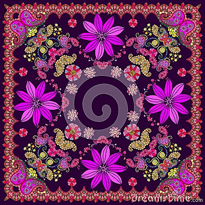 Bright square ornamental pattern with flowers and paisley. Print for scarf, shawl, bandana. Home textile design Vector Illustration