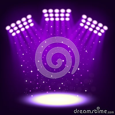 Bright stadium spotlights on dark violet background Vector Illustration