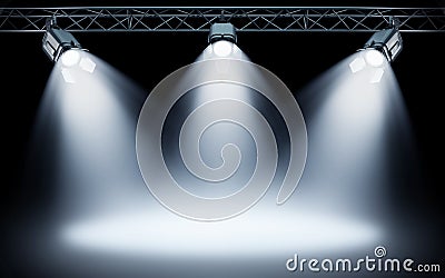 Bright stage spotlights shining on dark background Stock Photo