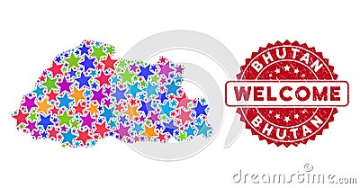 Bright Star Bhutan Map Collage and Textured Welcome Seal Vector Illustration