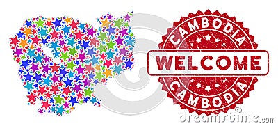 Bright Star Cambodia Map Composition and Distress Welcome Stamp Seal Vector Illustration