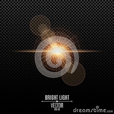 Bright star of a golden color. Orange flash of light. Abstract golden lights and rays of light. Camera effect. Magical golden dust Cartoon Illustration