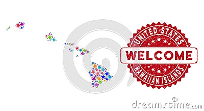 Bright Star Hawaiian Islands Map Composition and Distress Welcome Seal Vector Illustration