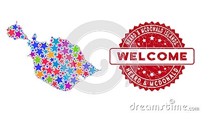 Bright Star Heard and McDonald Islands Map Composition and Textured Welcome Stamp Seal Vector Illustration