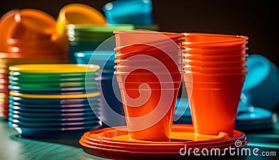 A bright still life of picnic preparation disposable cups in a row generated by AI Stock Photo