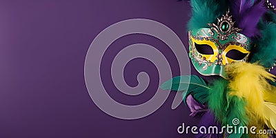 Bright stylish mask, beads and feathers, mardi gras background Stock Photo