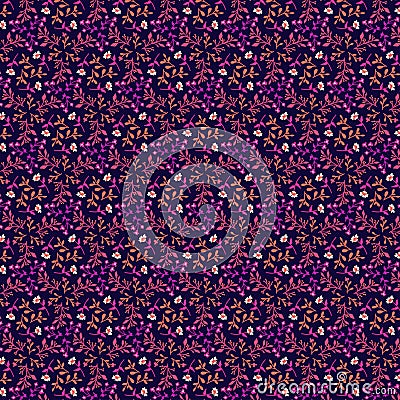 Bright summer botanical pattern Small simple flat colorful flowers and herbs on a dark blue background Stock Photo