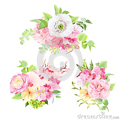 Bright summer bouquets of flowers and leaves Vector Illustration