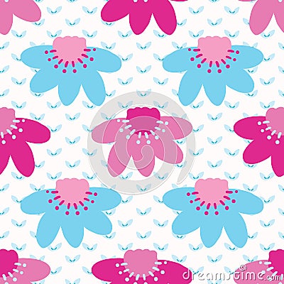 Bright summer daisy flower bloom seamless pattern. Stylized retro floral all over print. Pretty 1950s blue pink feminine fashion Stock Photo