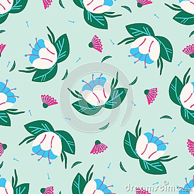 Bright summer flower bloom seamless pattern. Stylized retro floral all over print. Vector Illustration