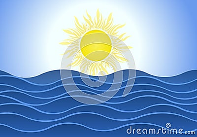 Bright summer sun over blue sea waves background. Stock Photo