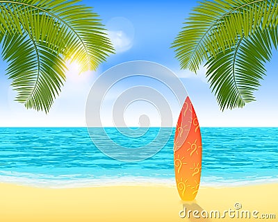 Bright summer vacation background with plage and palms Vector Illustration