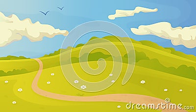 Bright summer vector landscape with trail in the grass and clouds on blue sky Vector Illustration