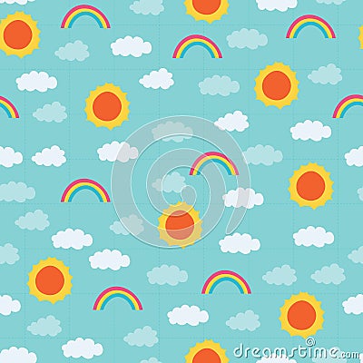 Bright sun, rainbow, clouds pattern Vector Illustration