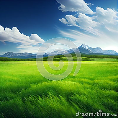 Bright sun shines on green morning grassy meadow, bright blue sky - AI generated image Stock Photo
