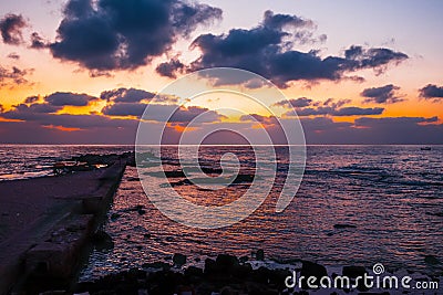 Bright sun at sunset. Mediterranean Sea in Sur. Lebanon Stock Photo