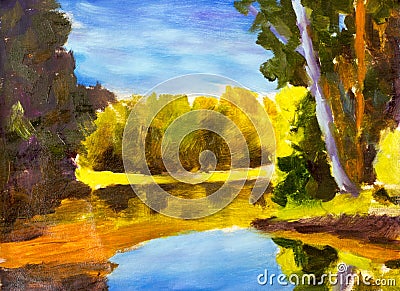 Bright sunny landscape. The painting of the forest is reflected in the water by the river. Autumn on the river etude oil on canvas Cartoon Illustration