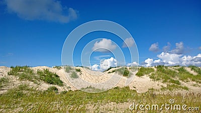 Bright Sunny sand dunes with grass in Sunny day Stock Photo