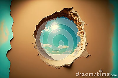 Bright sunny sky seen through a side profile hole in a wall. Generative AI Stock Photo