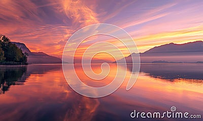 Bright sunrise over the lake, clouds reflected in water surface Stock Photo