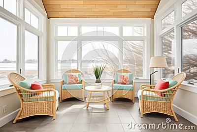 bright sunroom with stone walls, wicker chairs Stock Photo