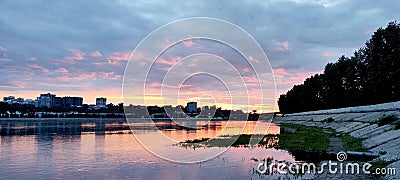 Bright Sunset on Angara River Embankment in Irkutsk City Stock Photo