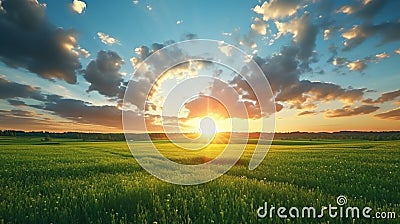 Bright sunset over green field Stock Photo