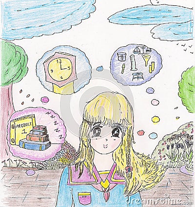 Bright sweet blond young girl in school uniform thinking about school illustration 2020 Cartoon Illustration