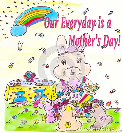 Bright sweet `Happy Mother`s Day` cartoon bunny rabbit family celebrating with flower gifts 2021 Vector Illustration