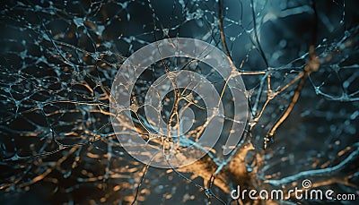 Bright synapse connection illuminates neural dendrite pattern generated by AI Stock Photo