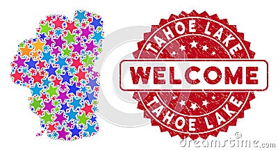 Color Star Tahoe Lake Map Mosaic and Scratched Welcome Stamp Vector Illustration