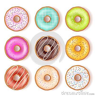 Bright Tasty Donuts Top View Set Vector Illustration