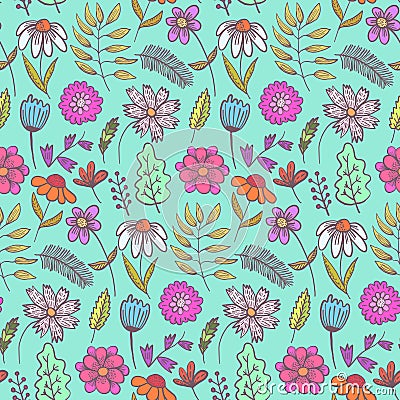 Bright teal floral pattern with color flowers Vector Illustration