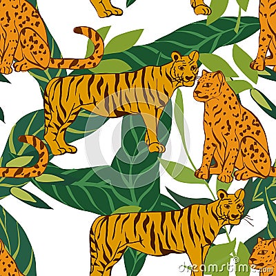 Bright Tiger and Leaves Vector Seamless Pattern Vector Illustration