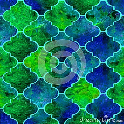 Bright tiles curly eastern geometrical shape abstract grunge colorful splashes texture, watercolor seamless pattern in green-blue Stock Photo