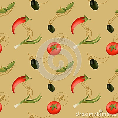 Bright tomato, pepper texture digital seamless pattren on a beige background. Print for banners, wrapping paper, posters, cards, i Stock Photo