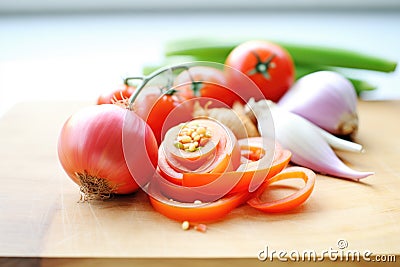 bright tomatoes and onions featured in homemade ranchero sauce Stock Photo