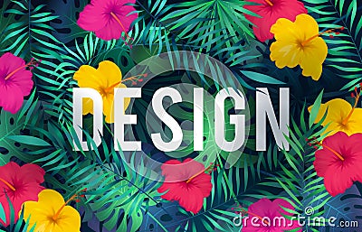 Bright tropical background. Exotic pattern jungle plants palm leaves flower rainforest hawaiian nature green art card Vector Illustration