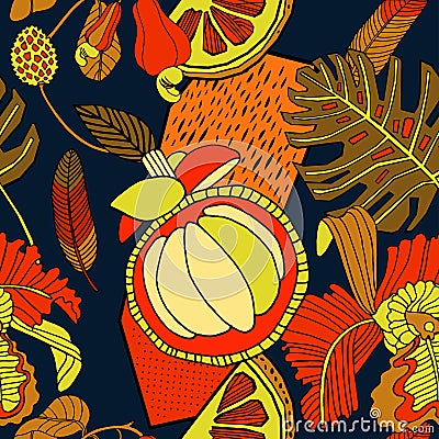 Bright tropical background with exotic plants and fruits. Vector Illustration