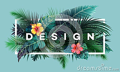Bright tropical background with jungle plants. Exotic pattern with palm leaves Vector Illustration