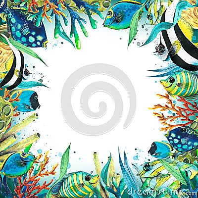 Bright tropical fish with seaweed, corals and sponges. Watercolor illustration. Square frame from the TROPICAL FISH Cartoon Illustration