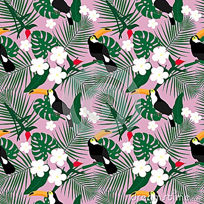 Bright tropical seamless pattern with toucan and tropical leaves. Vector Illustration