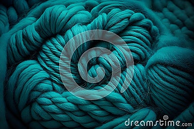 Bright turquoise woolen threads. Brains from yarn macro view knitting hobby needlework. Handmade natural rope skein warm Stock Photo