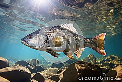 Bright underwater view of a fish are swimming upstream in the clear water on a river stream Stock Photo