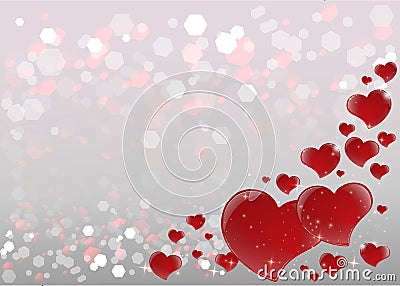 Bright Valentines Day Card with mirrored red hearts, blurred soft focus bokeh of bright silver background Vector Illustration